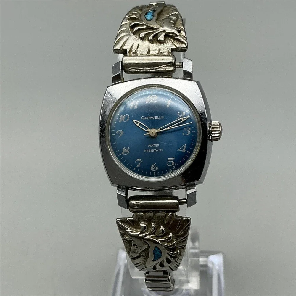 Vtg Caravelle Womens Watch 23mm Sterling Native American Signed Turquoise Manual